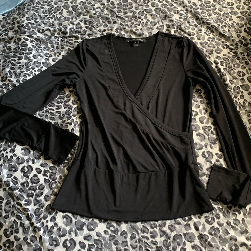 Sandra Angelozzi black slinky spandex long sleeve wrap look yoga top S